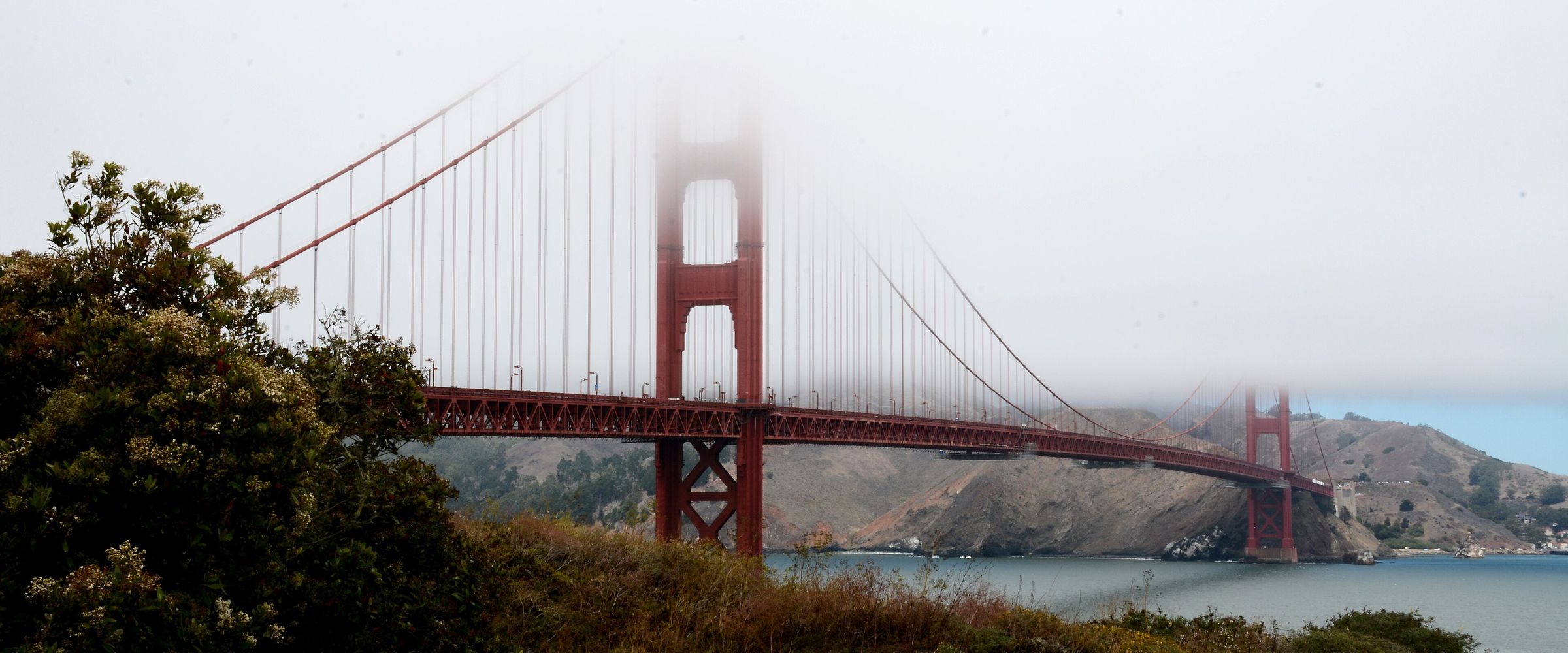 The Golden Gate in summer fog, seen from the Presidio of San Francisco