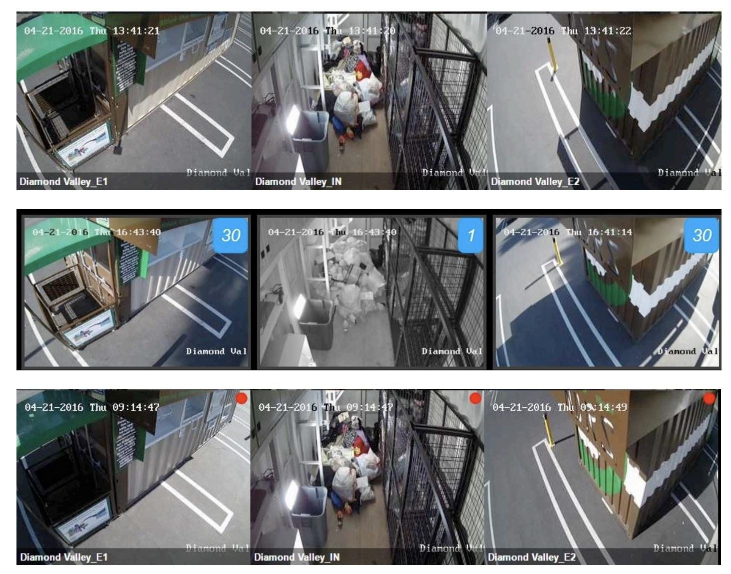 Grid of remote camera views inside and around donation stations