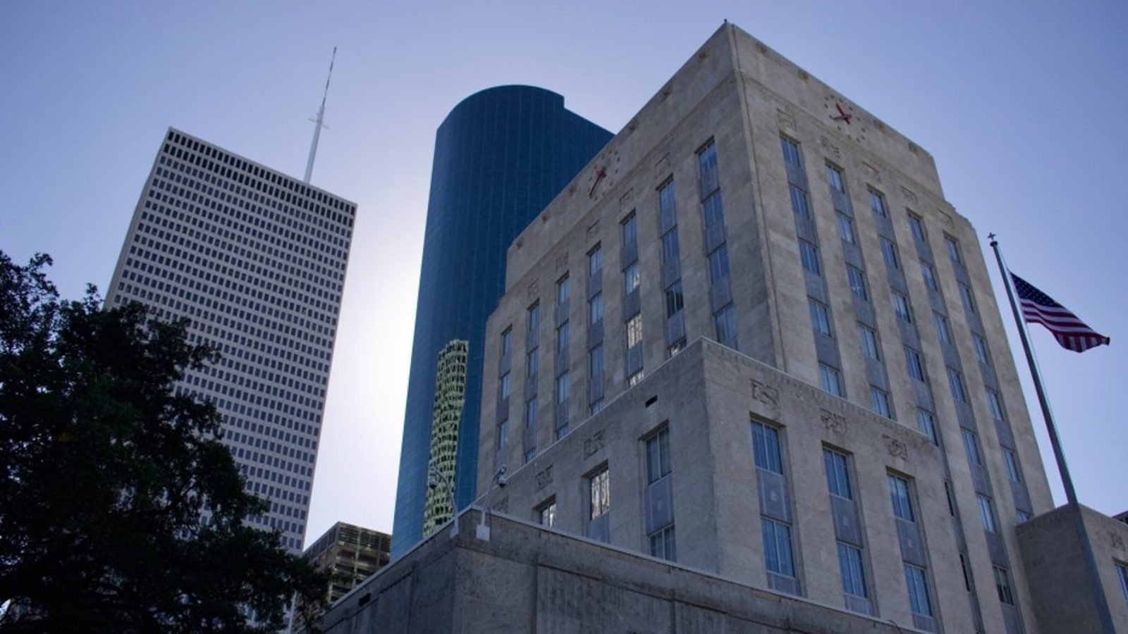 Houston City Hall with downtown towers behind it