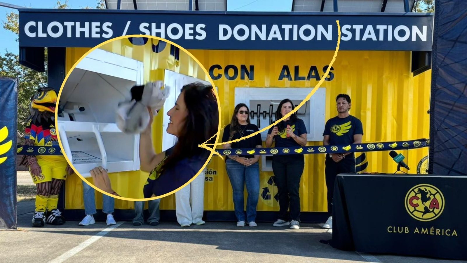 Opening of the yellow Tenis con Alas donation station in Houston, with an inset of a shoe going into the drop slot