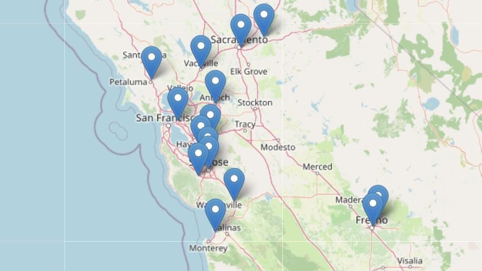 Map of GEF donation station locations around the San Francisco Bay Area